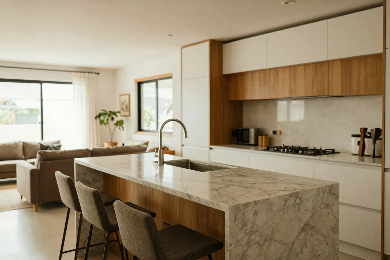 Cozinha americana moderna integrada com sala de estar em tons neutros e bancada de mármore