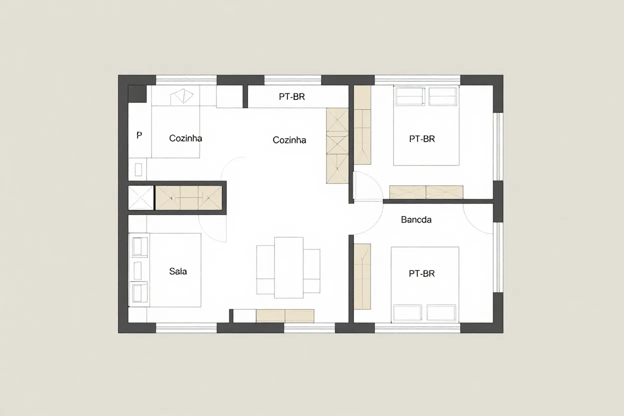 Planta baixa mostrando layout de cozinha americana integrada com sala em apartamento compacto