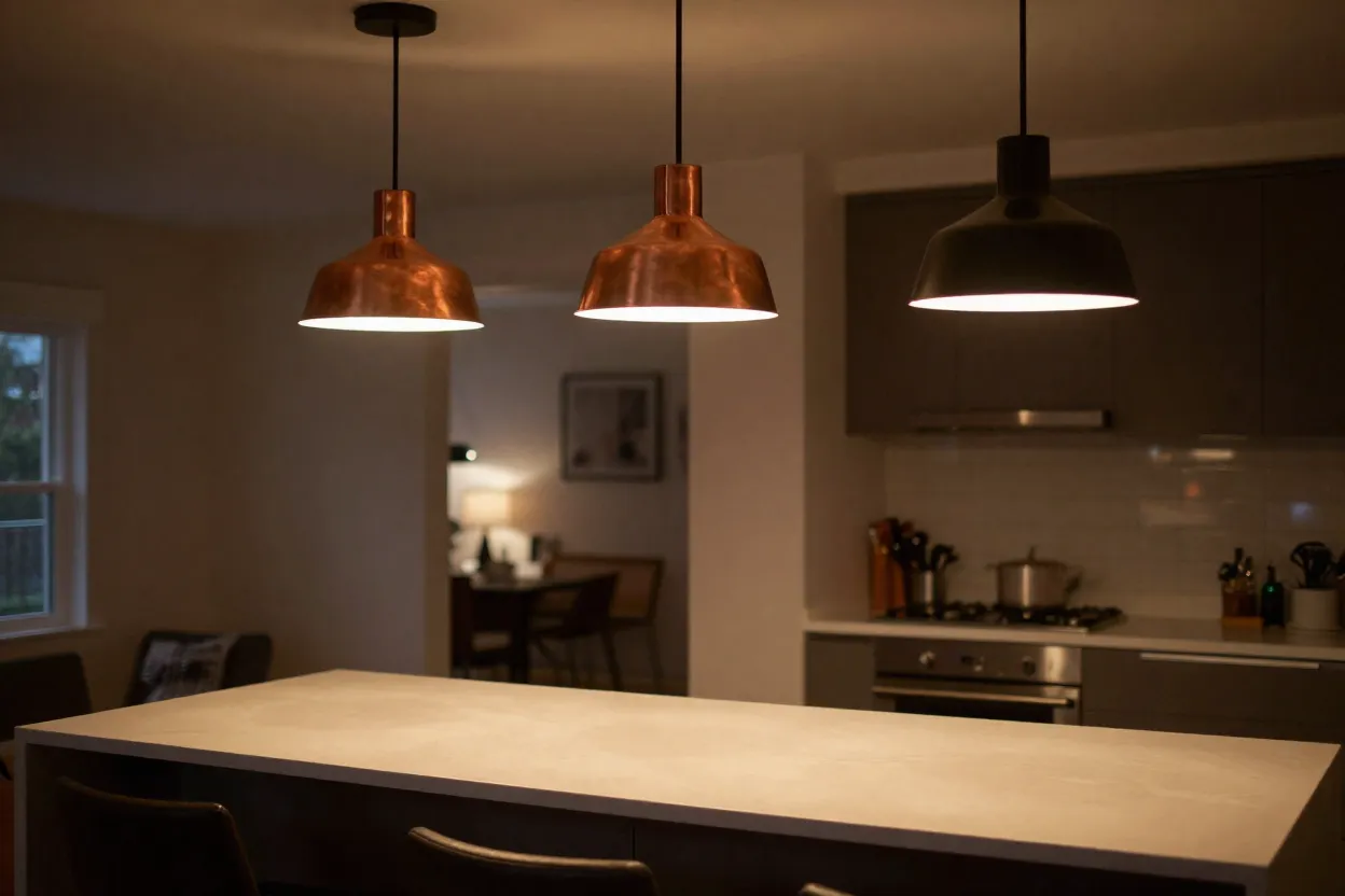 Pendentes decorativos sobre bancada de cozinha americana com iluminação em camadas