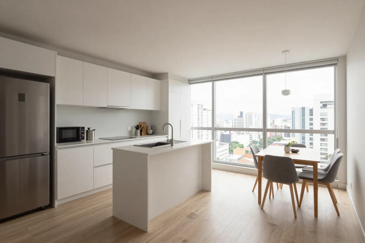 Studio compacto com cozinha americana integrada e bancada divisória