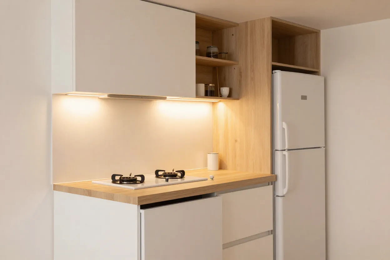 Cozinha compacta de studio com cooktop 2 bocas e bancada retrátil