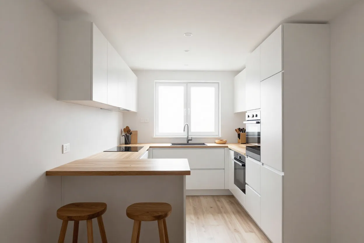 Cozinha americana compacta em formato L com armários até o teto e balcão funcional