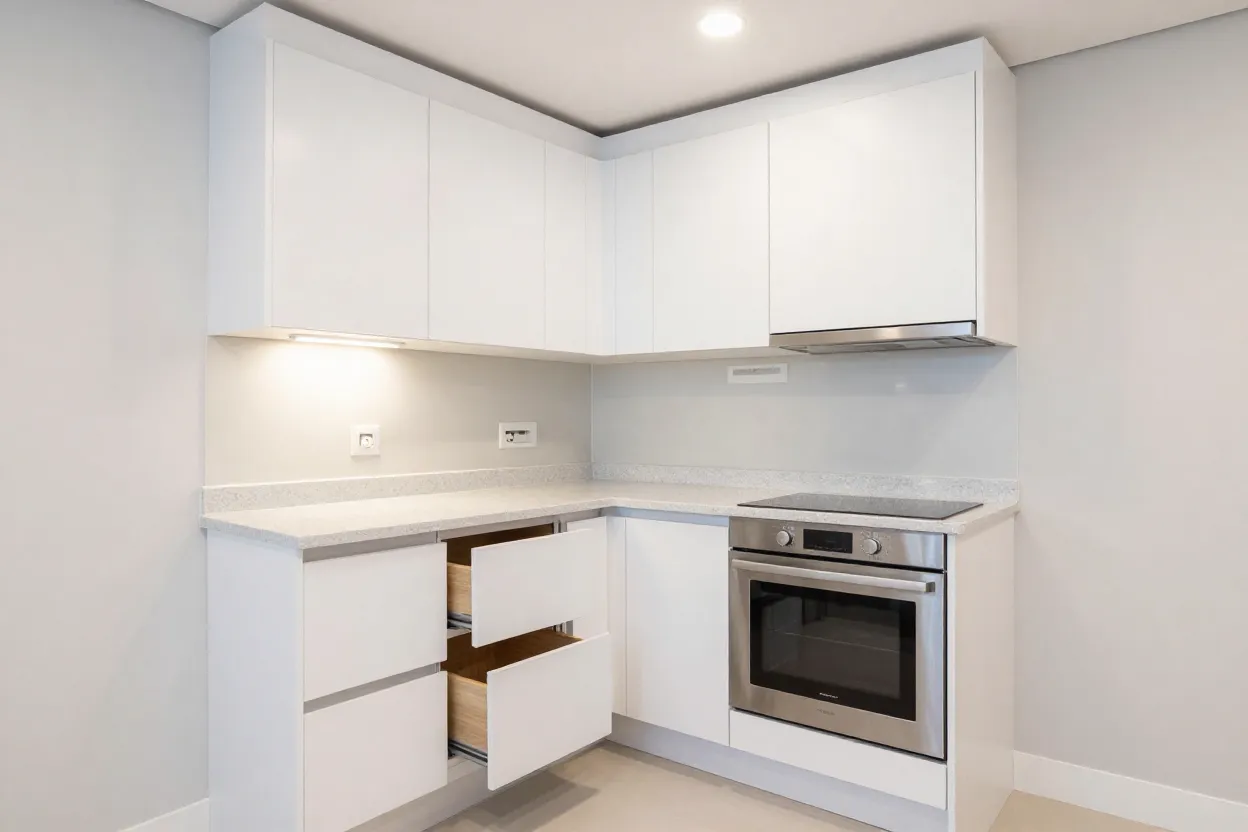 Cozinha planejada compacta com armários brancos até o teto, bancada de quartzo e iluminação embutida