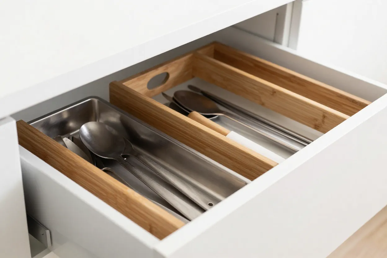 Sistema de gavetas organizadoras com divisórias internas para cozinha planejada