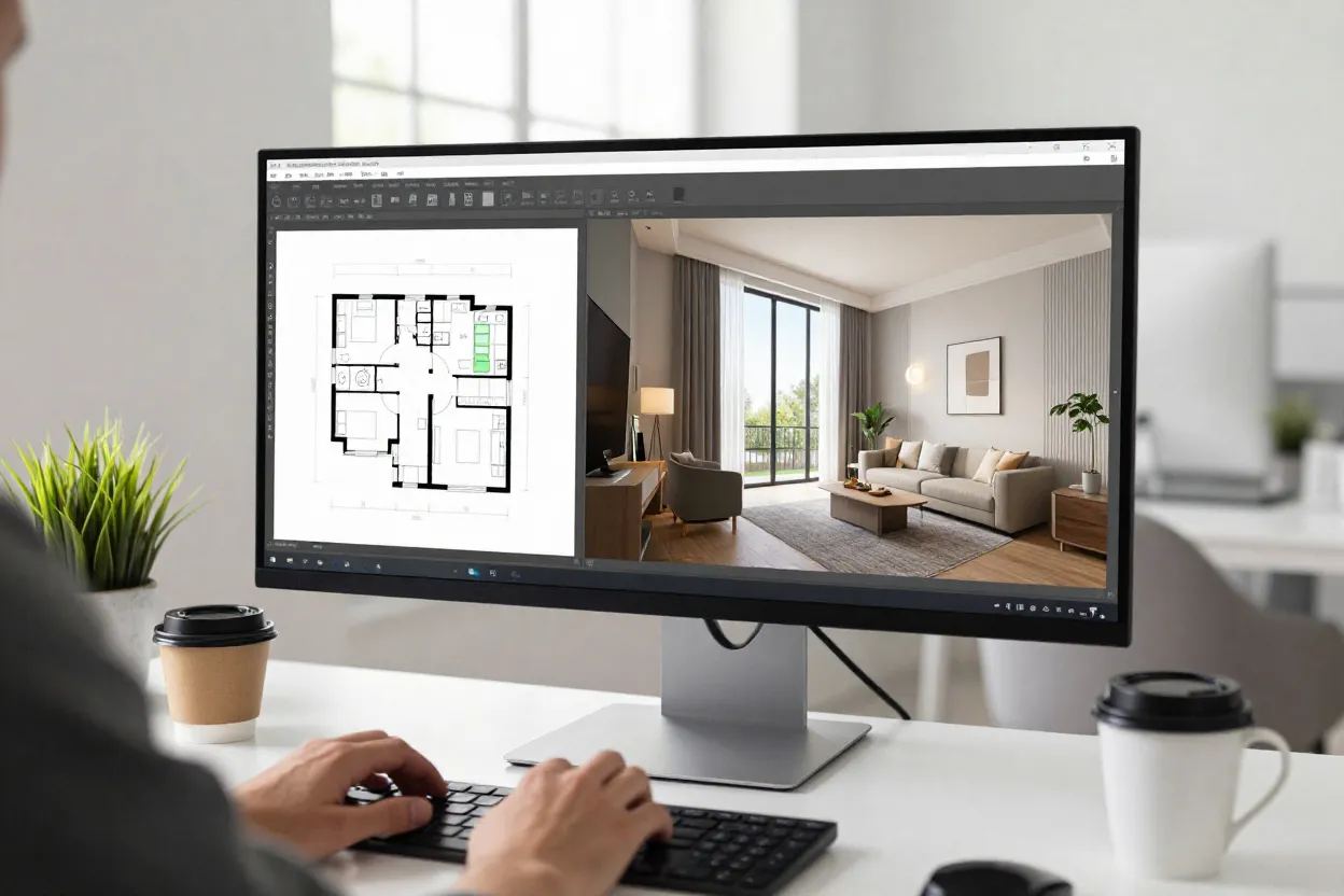 Tela de computador dividida mostrando software de planta baixa e simulação de decoração com IA