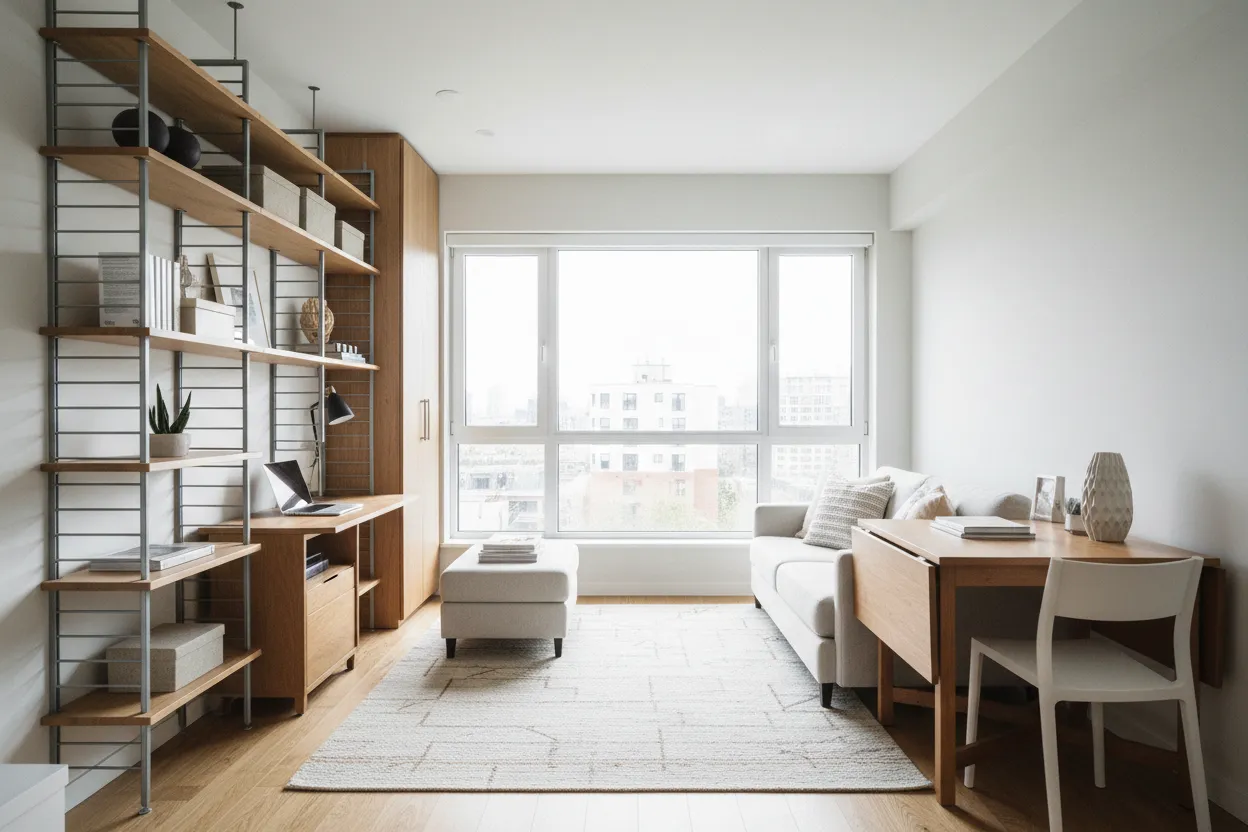 Apartamento pequeno organizado com móveis multifuncionais e luz natural