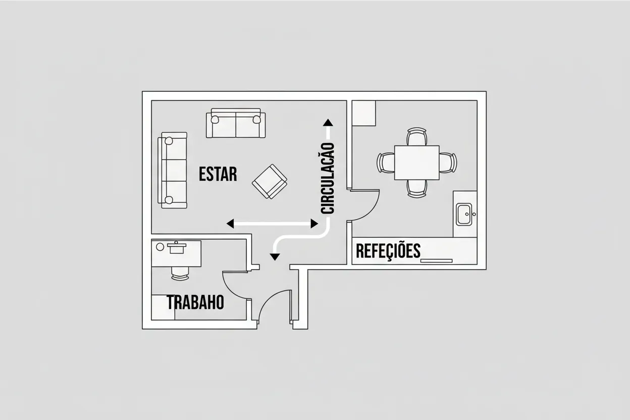 Planta simples com zonas marcadas para estar, trabalho e circulação