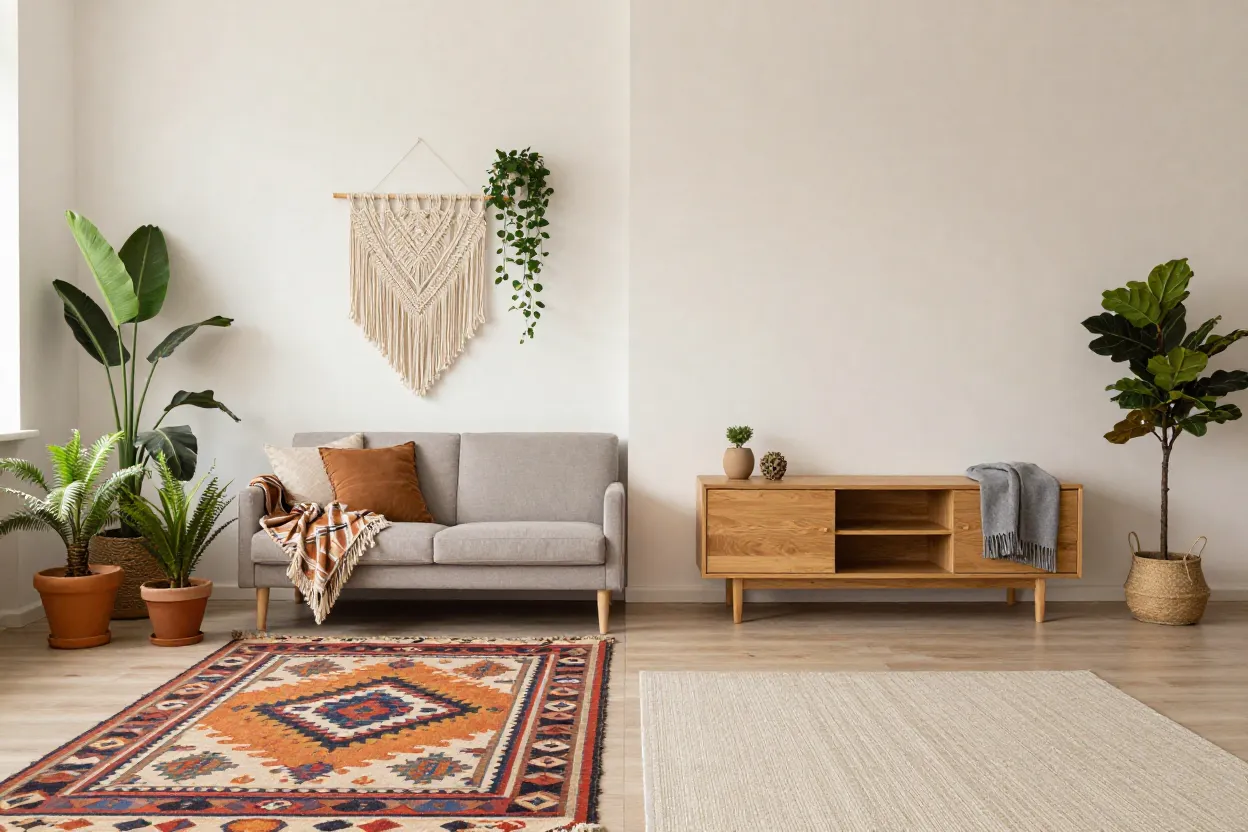 Sala dividida mostrando decoração boho colorida à esquerda e escandinava neutra aconchegante à direita