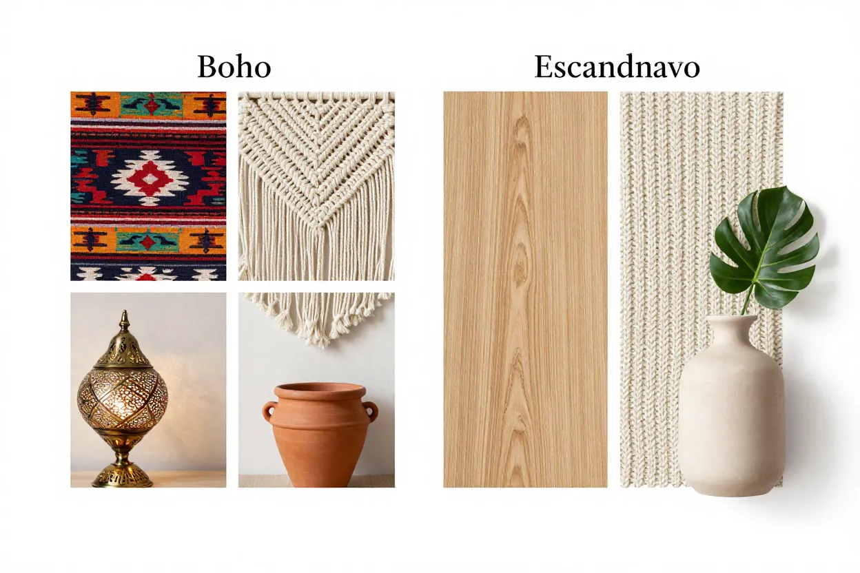 Moodboard visual comparando elementos característicos do boho e escandinavo
