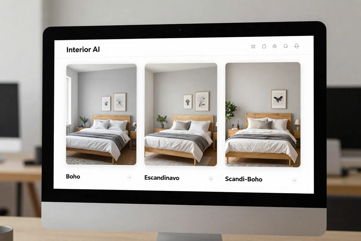 Tela de computador mostrando mesmo quarto renderizado em boho, escandinavo e Scandi-Boho