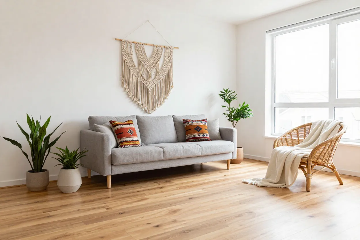 Sala de estar decorada em estilo Scandi-Boho mostrando fusão harmoniosa dos dois estilos