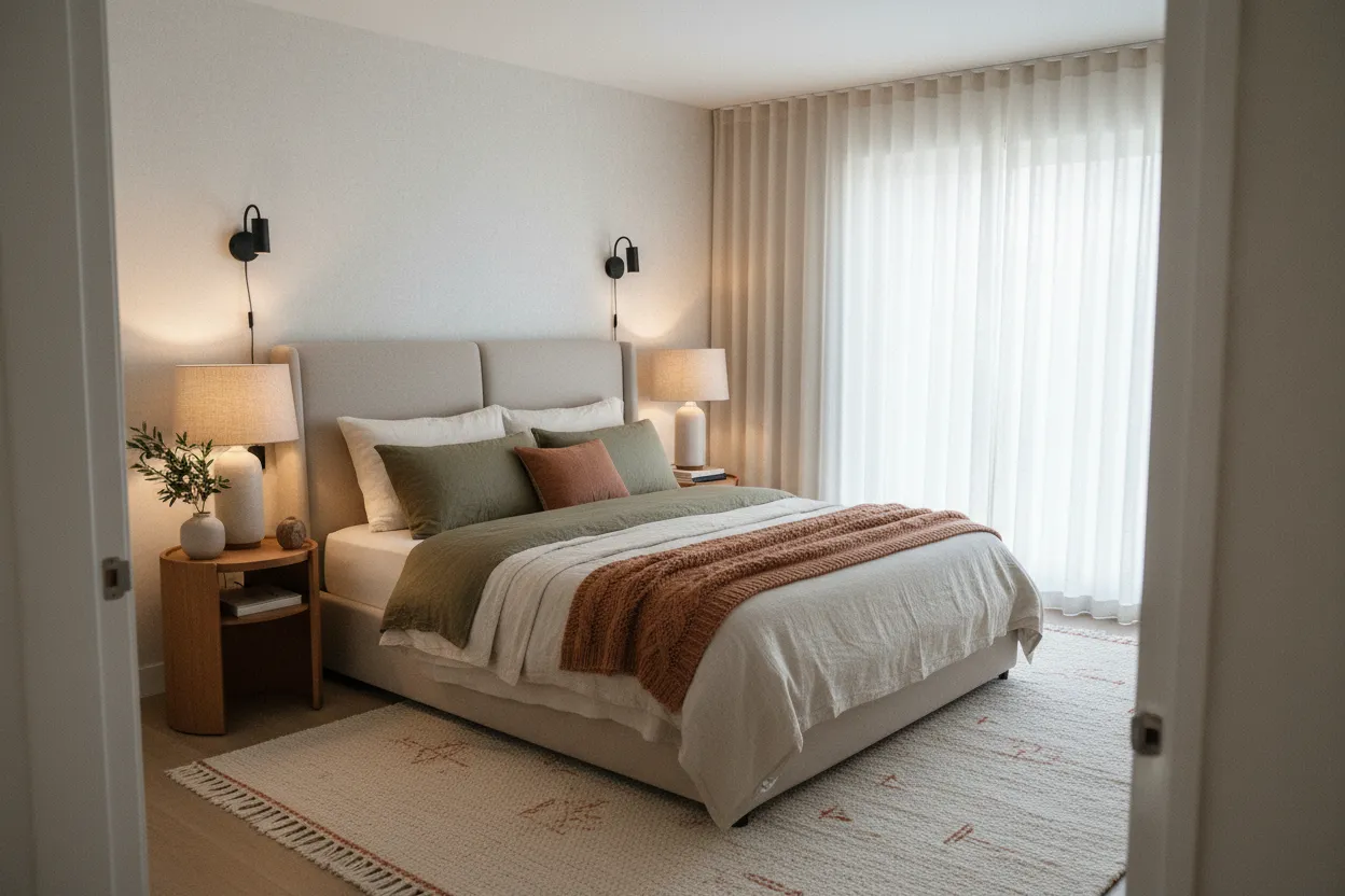 Quarto de casal aconchegante com iluminação suave e layout equilibrado