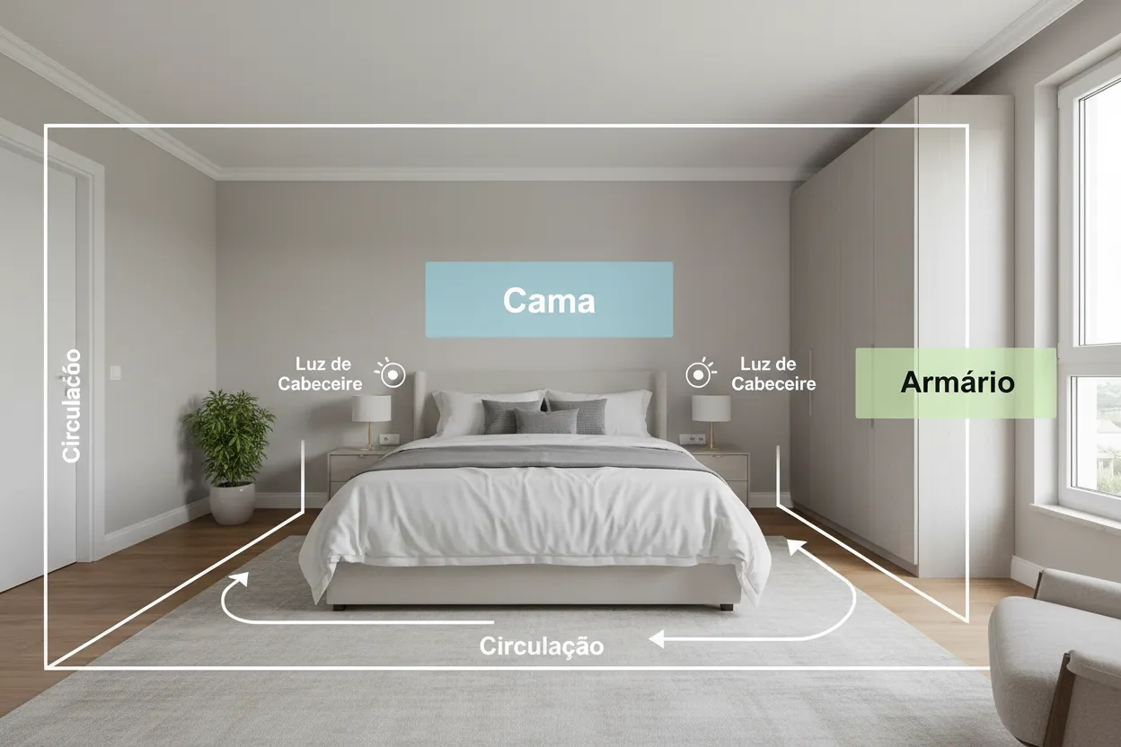 Layout de quarto com zonas de circulação e posições recomendadas para cama