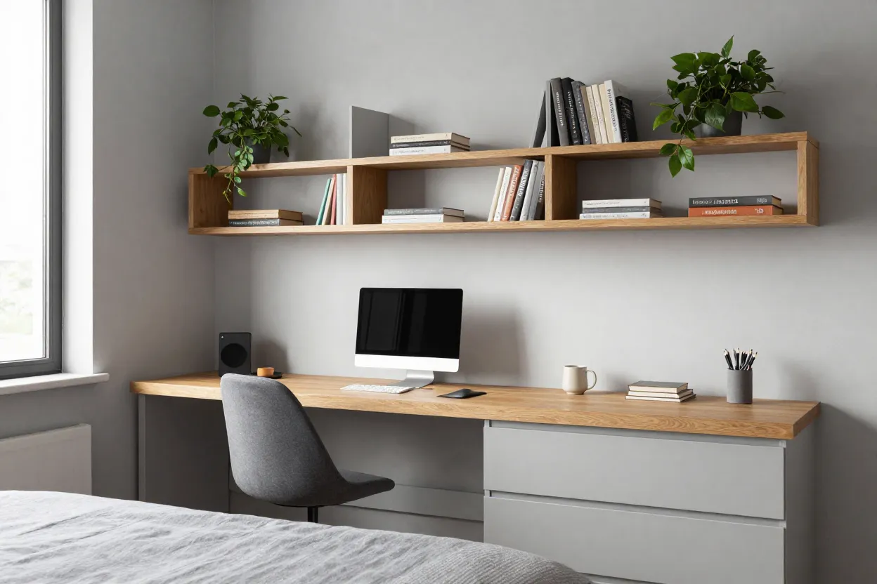 Quarto de solteiro moderno com escrivaninha integrada, cama com gavetas e decoração clean