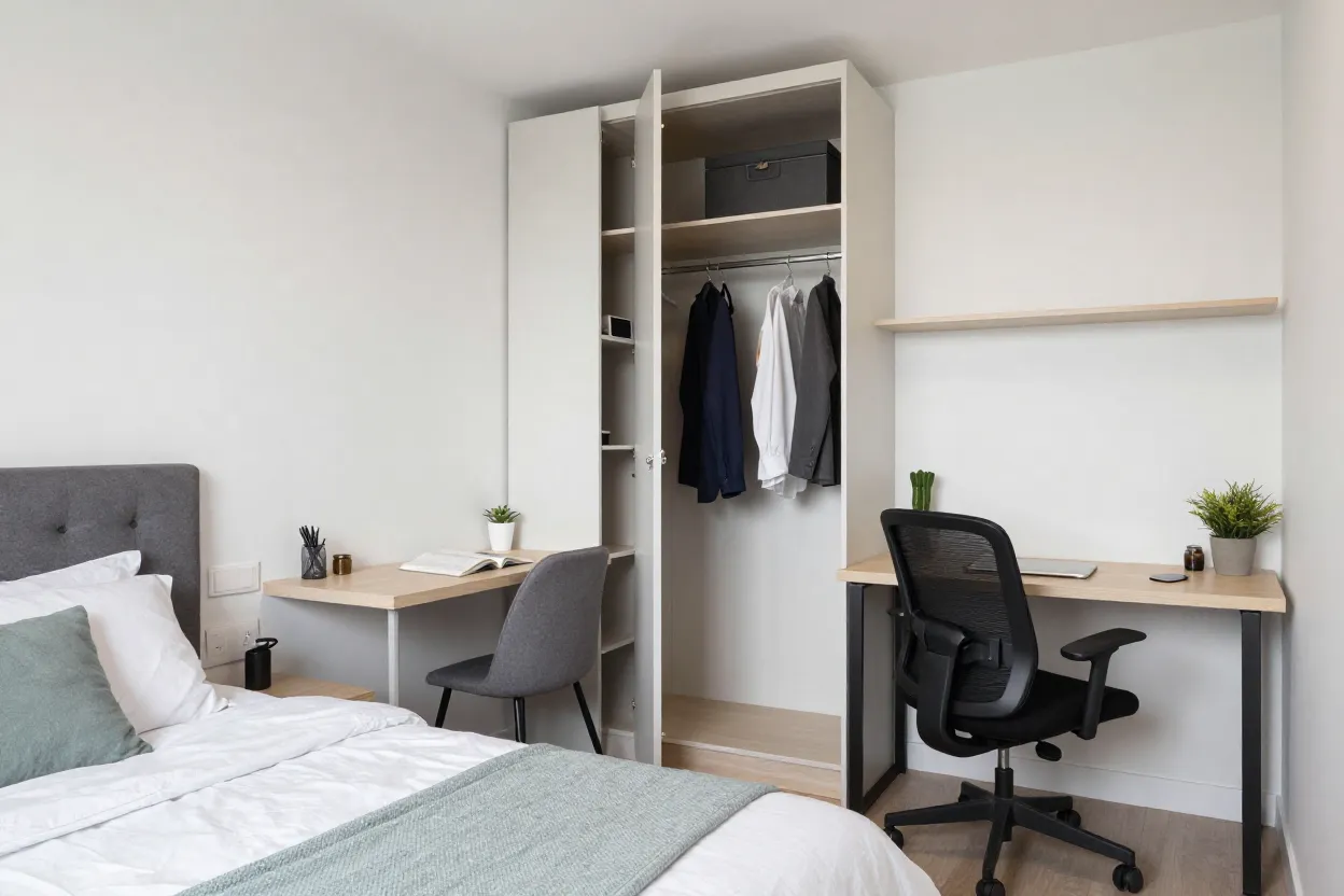 Quarto de solteiro compacto com múltiplas funções organizadas em zonas