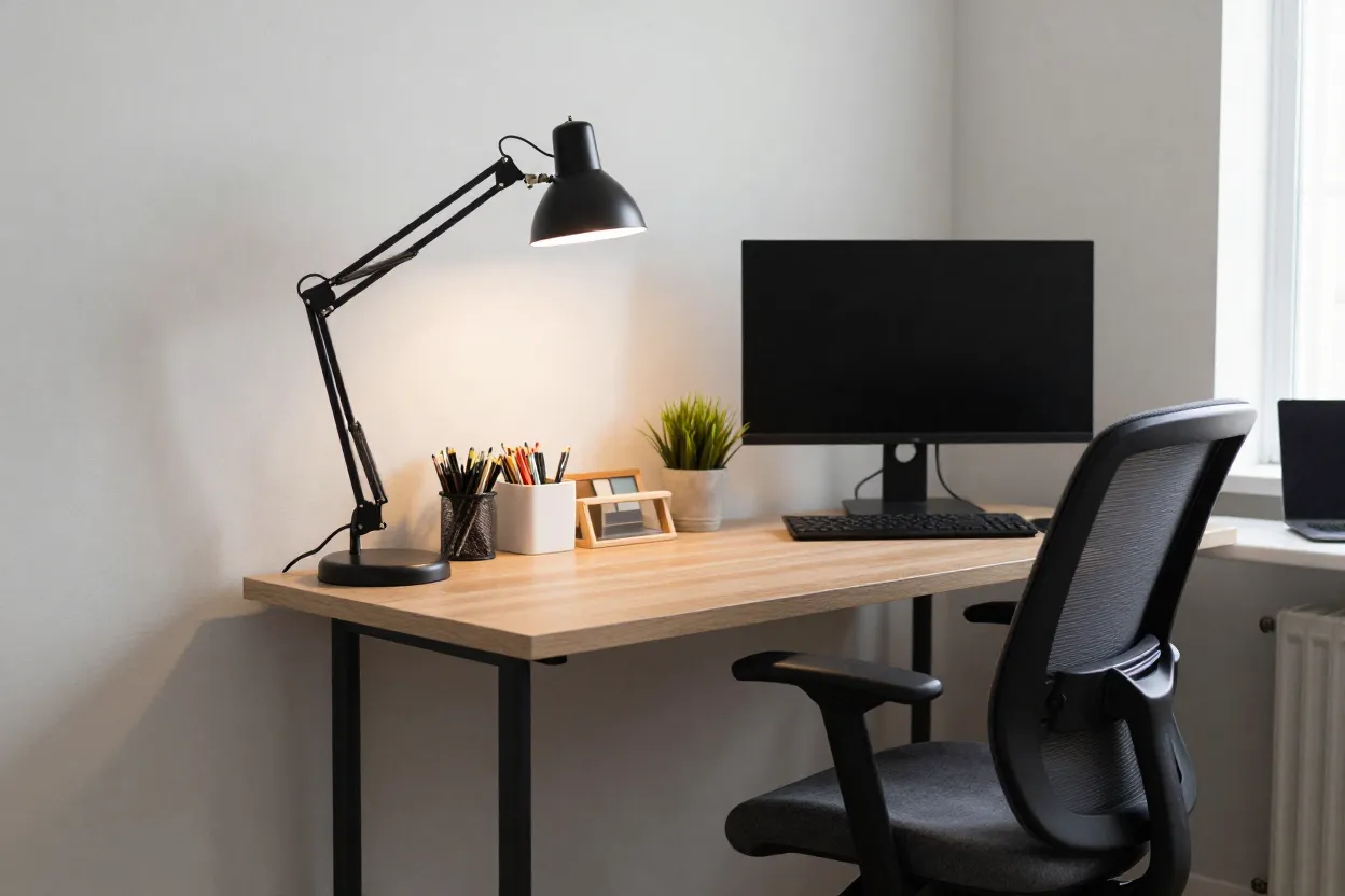 Home office integrado ao quarto de solteiro com iluminação adequada e organização