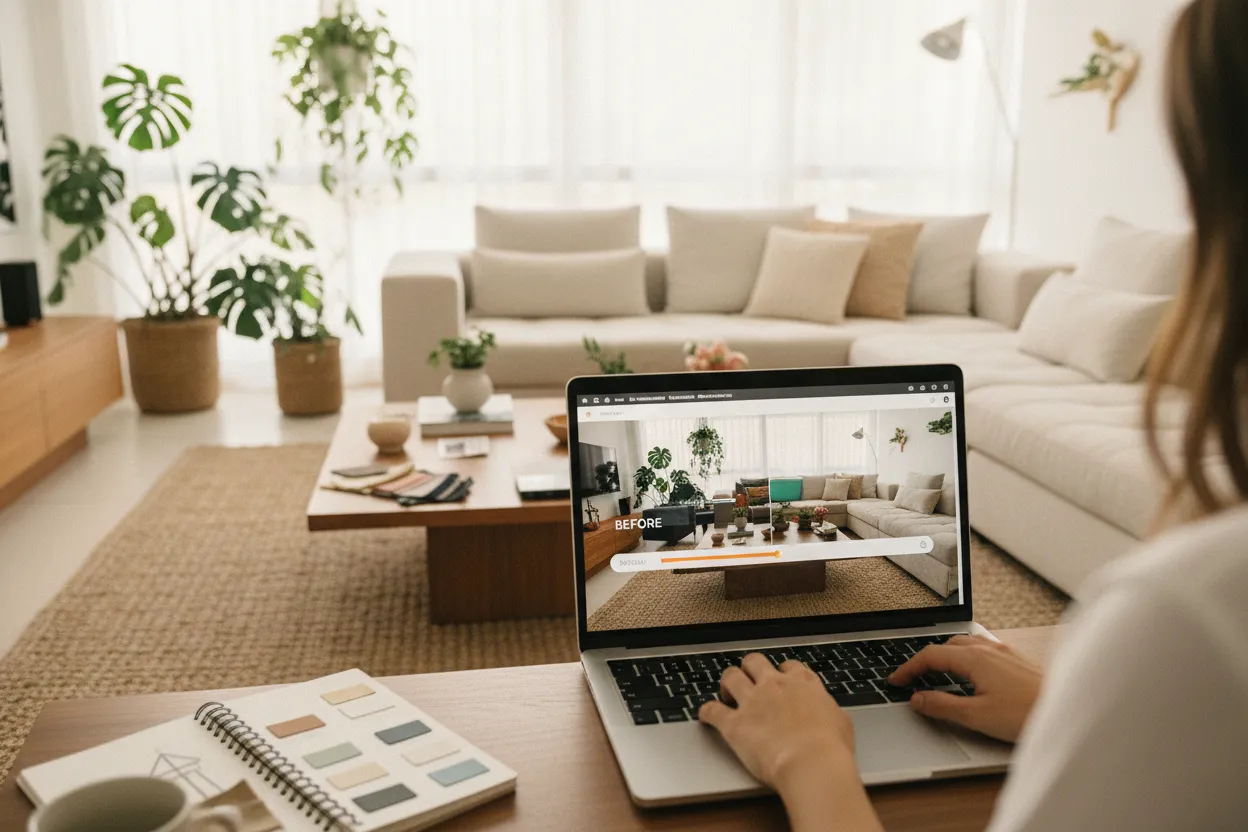 Sala de estar moderna sendo redesenhada em um app de IA no notebook