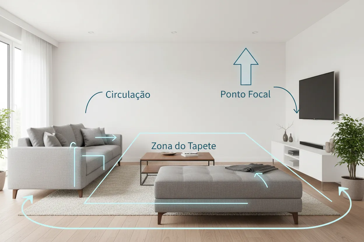 Sala com marcações de circulação e ponto focal em um layout simples
