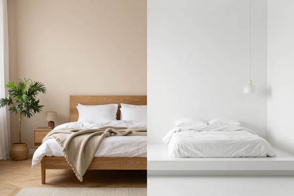 Quarto aconchegante escandinavo com texturas naturais ao lado de quarto minimalista austero