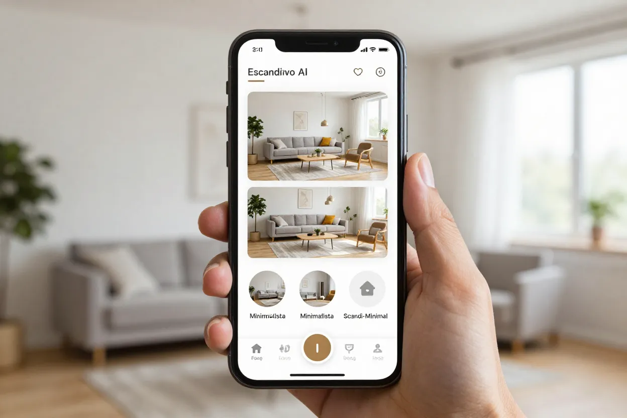 Tela de smartphone mostrando mesma sala renderizada em estilos escandinavo, minimalista e fusão