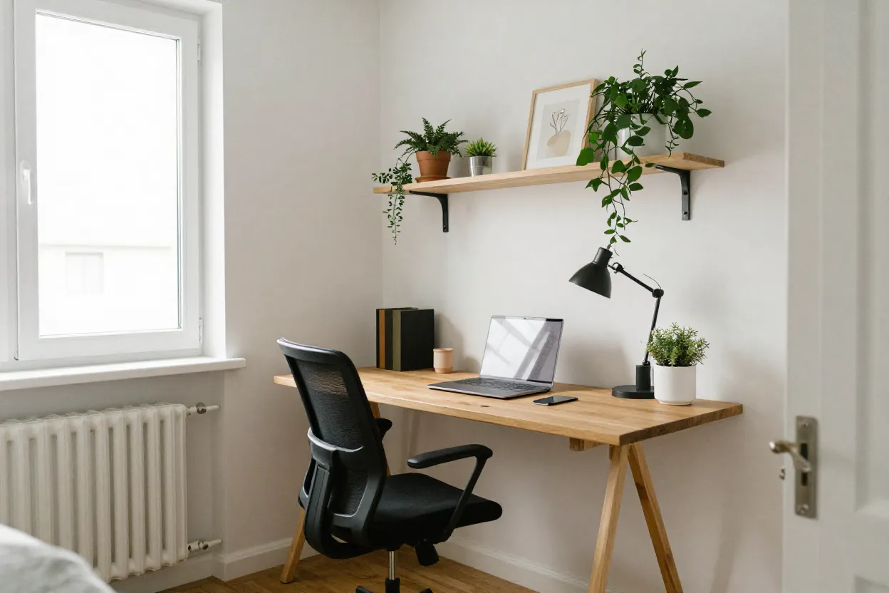 Home office moderno com mesa de madeira, cadeira ergonômica e plantas decorativas