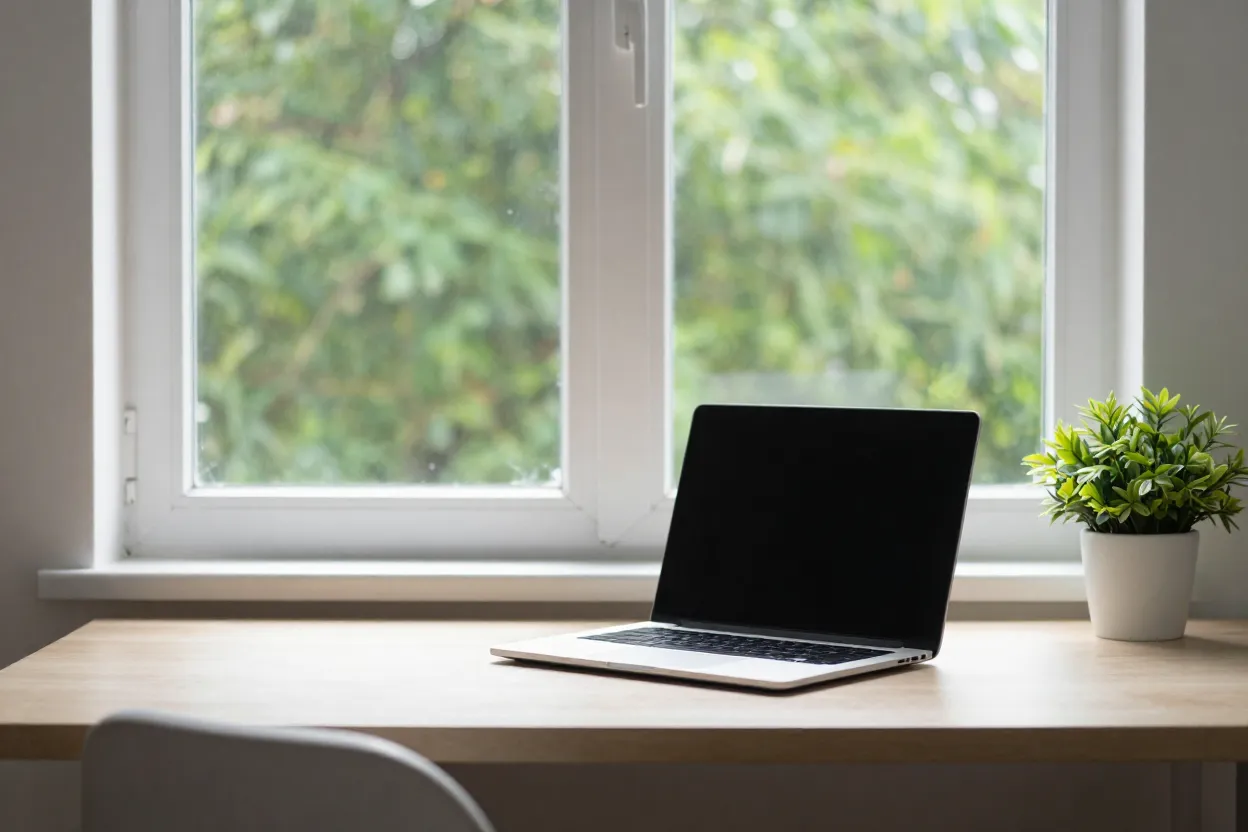 Home office posicionado ao lado de janela com luz natural abundante e vista para jardim