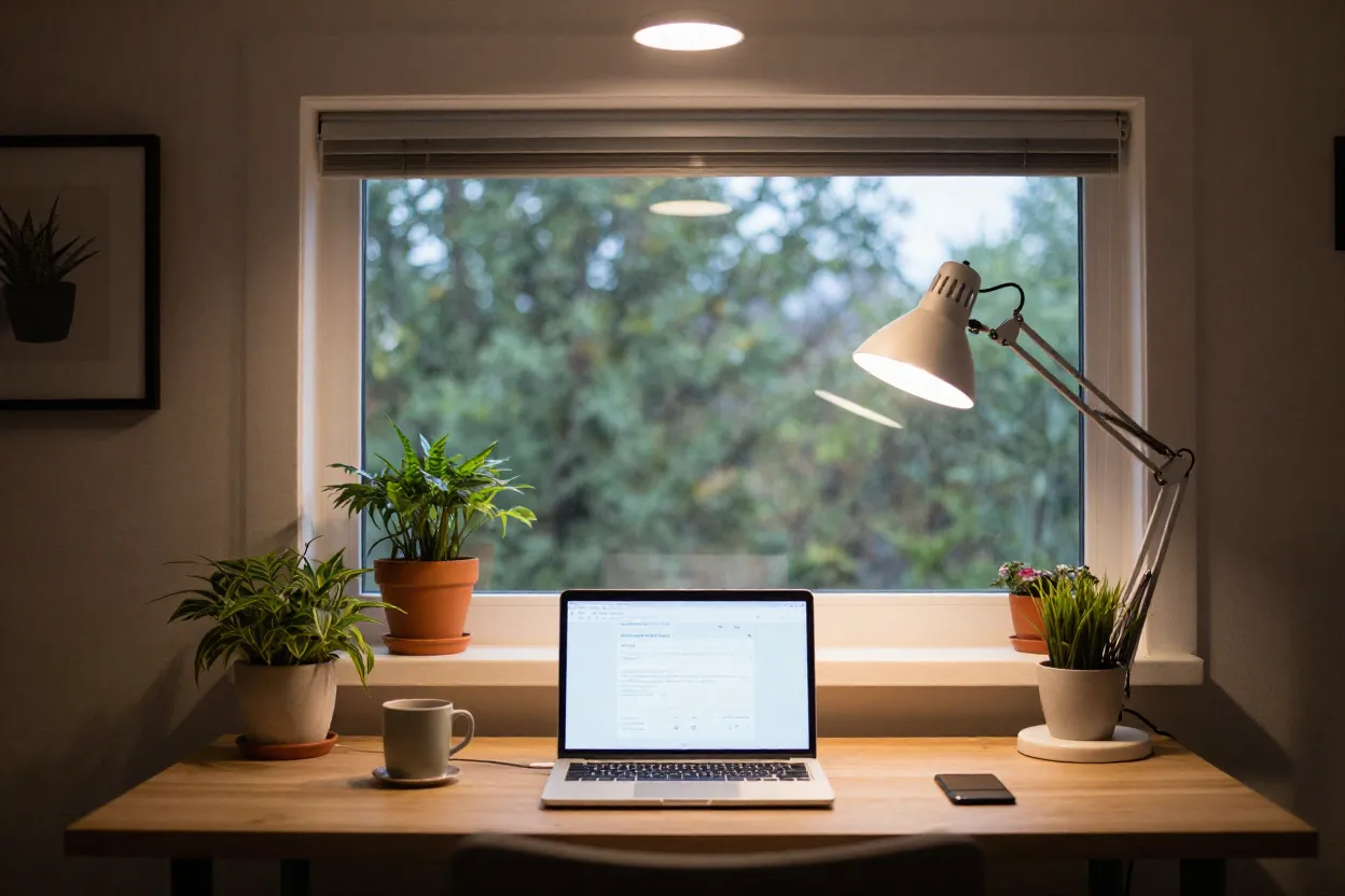 Mesa de home office com iluminação em camadas mostrando luz natural, geral e de tarefa
