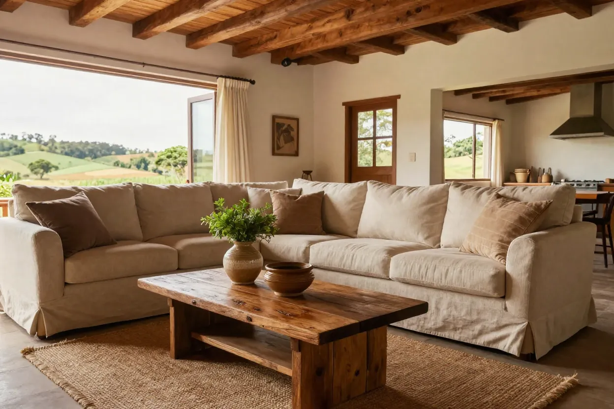 Sala de estar estilo fazenda com sofá de linho e mesa de madeira rústica