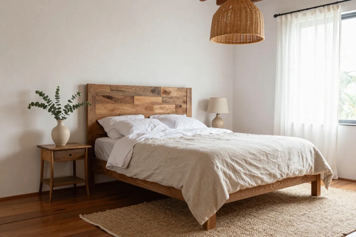 Quarto estilo fazenda com cabeceira de madeira e roupa de cama em tons neutros