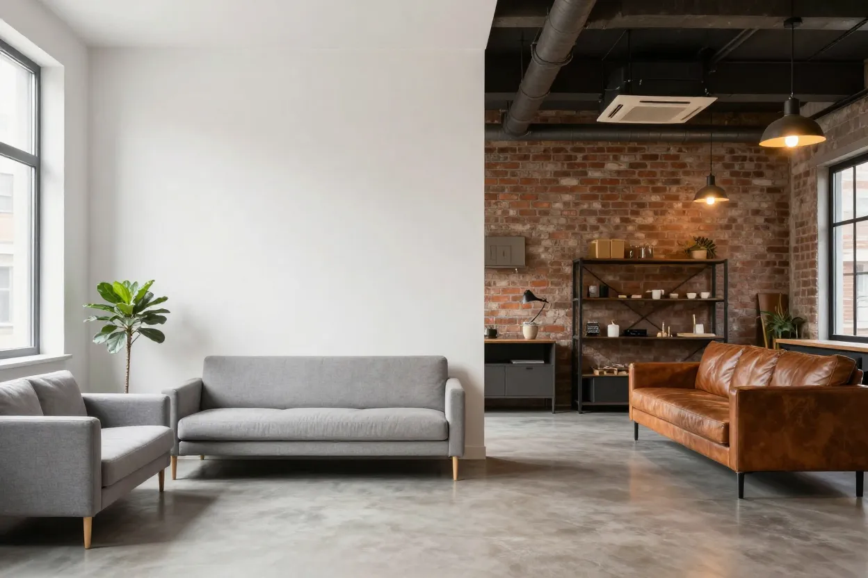 Sala dividida mostrando decoração minimalista clean à esquerda e industrial com tijolo aparente à direita