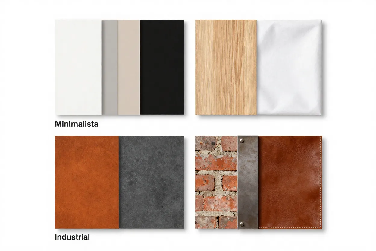 Paletas de cores e materiais típicos comparando minimalista com industrial