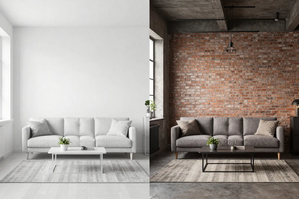 Mesmo ambiente renderizado em estilo minimalista e industrial lado a lado pelo Interior AI