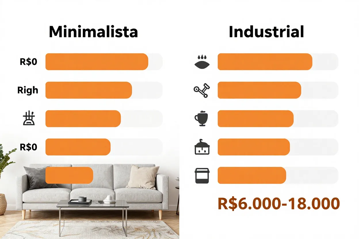 Infográfico comparando faixas de investimento para decorar sala em estilo minimalista vs industrial