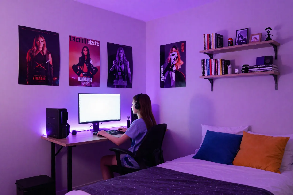 Quarto de adolescente moderno com iluminação LED, pôsteres na parede e setup de estudo