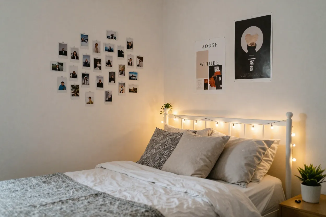 Quarto estilo Tumblr com varal de fotos, luzes pisca-pisca e colagens na parede