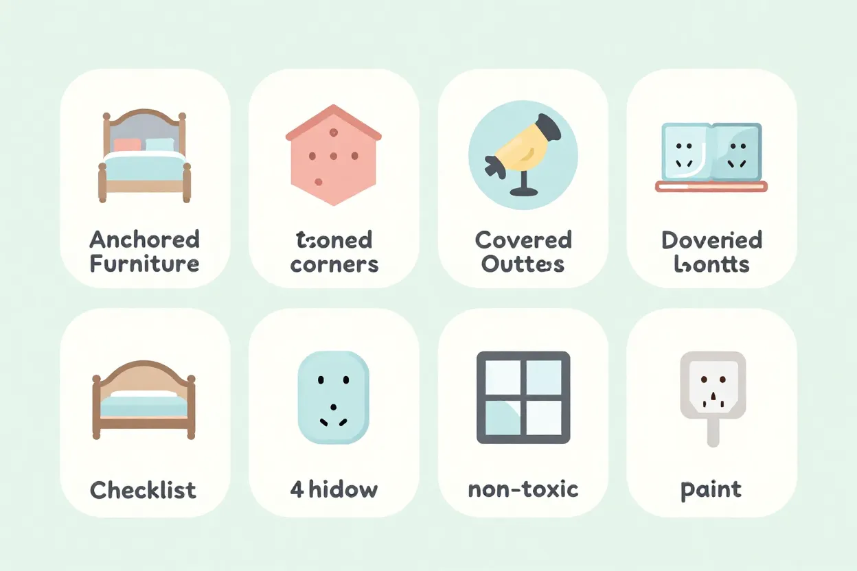 Infográfico de checklist de segurança para quarto infantil com ícones ilustrativos