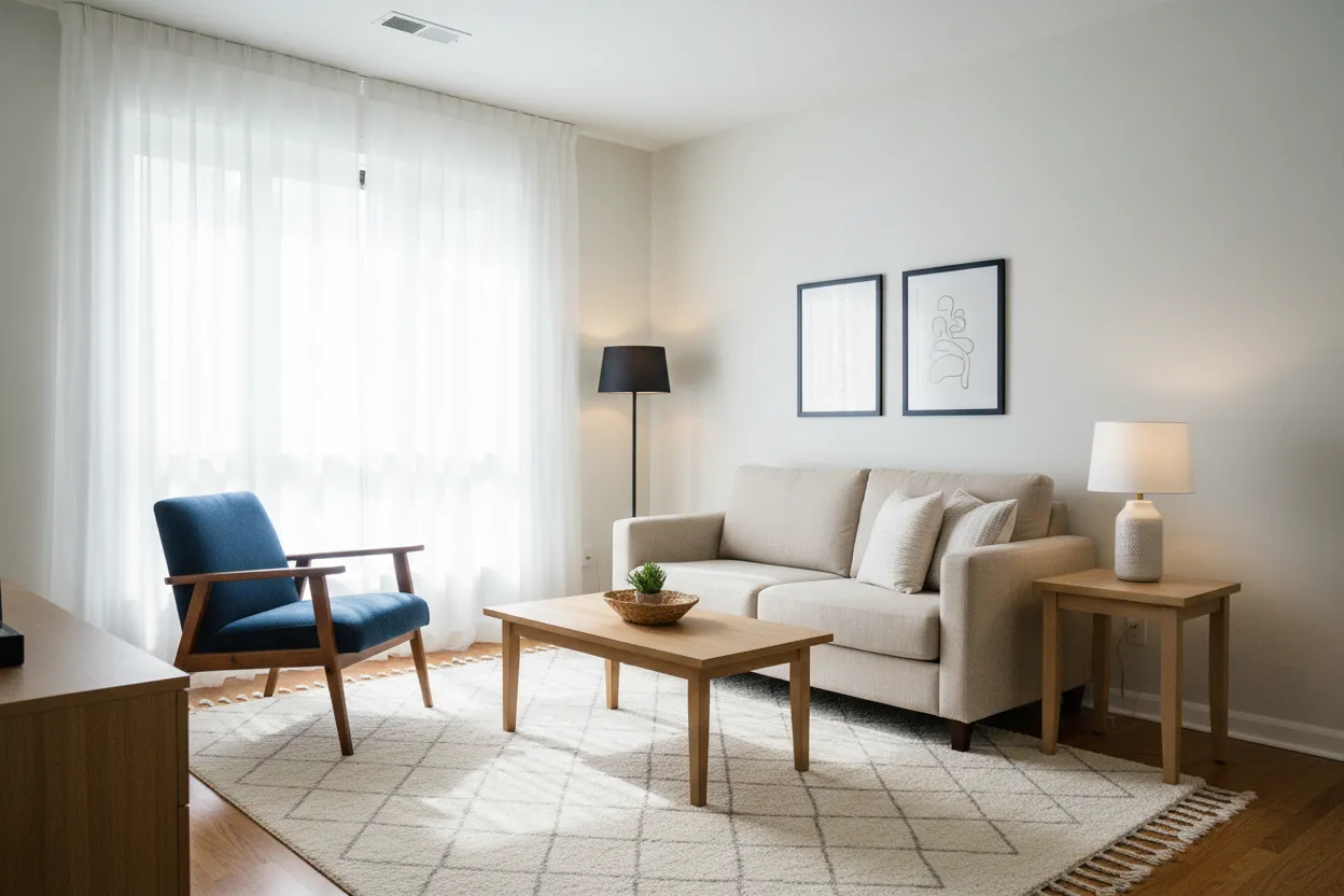 Sala pequena com layout otimizado, tapete correto e luz em camadas