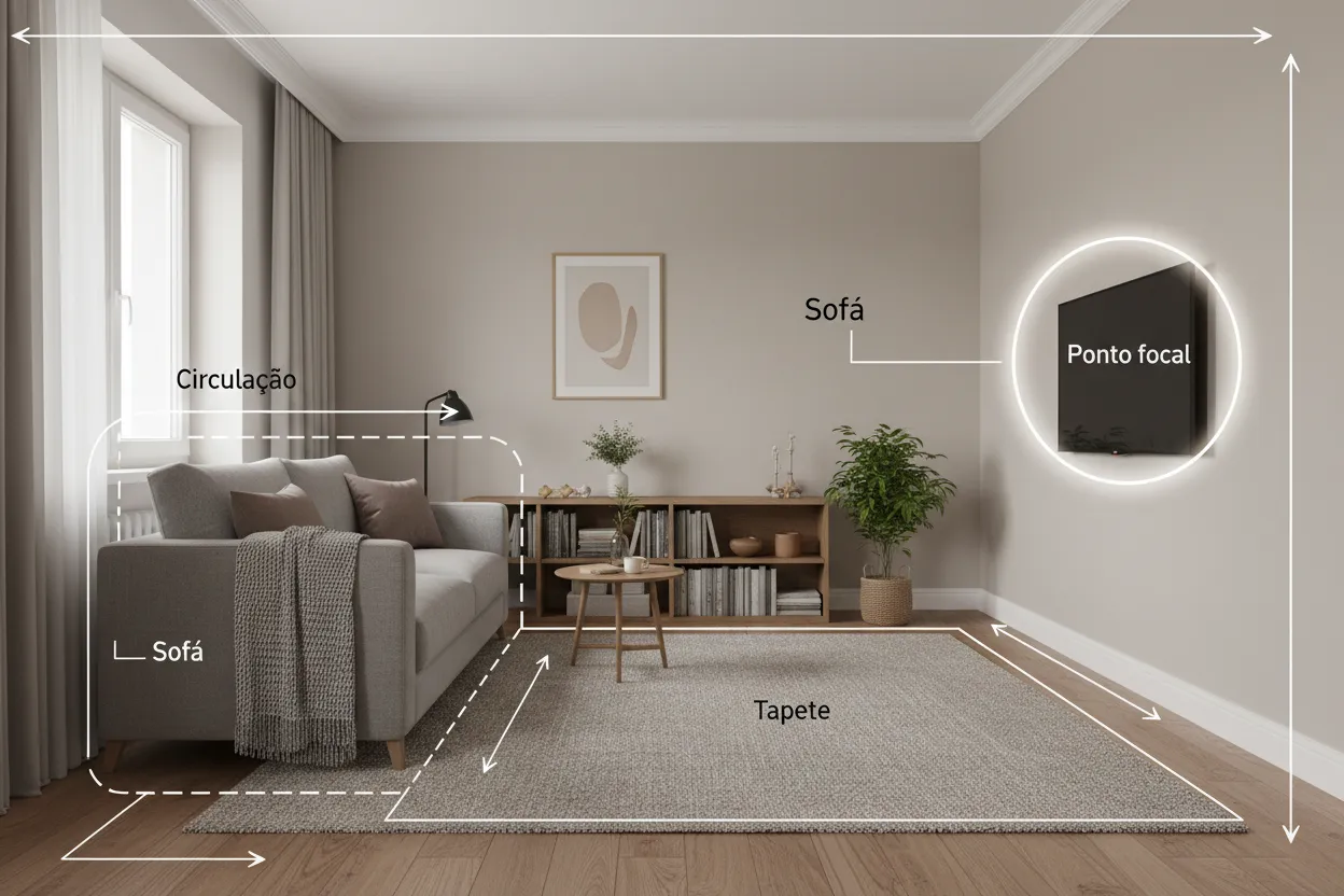 Sala pequena com setas de circulação e zonas marcadas em um diagrama