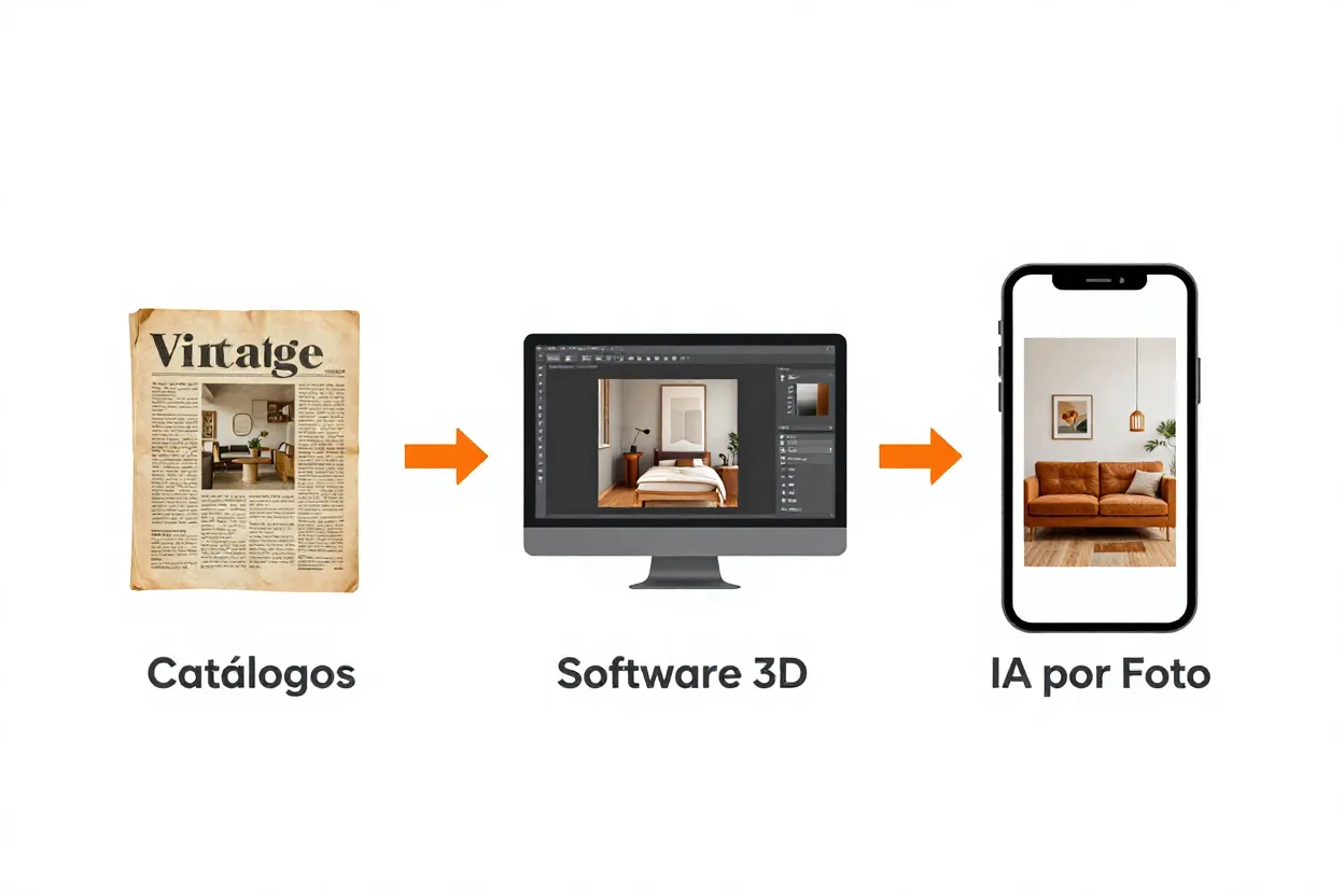 Linha do tempo mostrando evolução da decoração: catálogo impresso, software 3D e IA