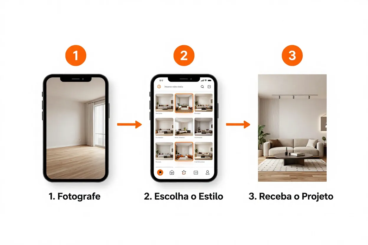 Três passos ilustrados: foto do ambiente, seleção de estilo e render final gerado por IA