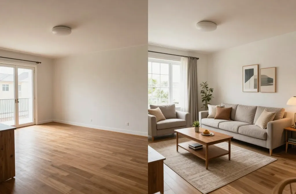 Transformação de sala antes e depois usando inteligência artificial para decoração
