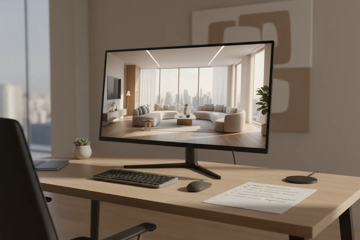 Tela com render de interior e checklist de qualidade ao lado