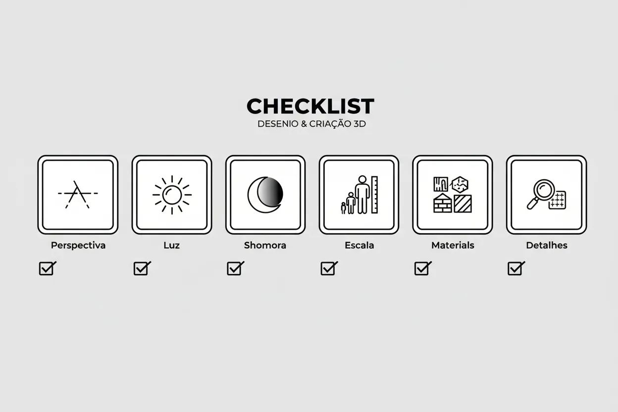 Checklist visual com critérios de perspectiva, luz, sombra, escala e materiais
