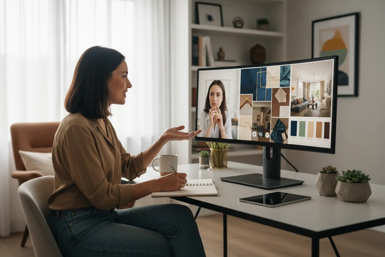 Reunião online de design com moodboard e render de IA na tela