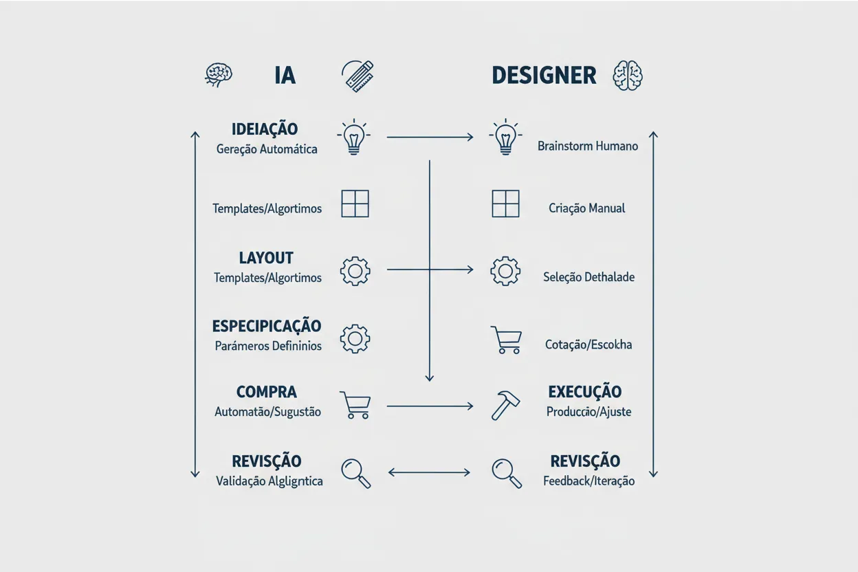 Fluxo comparativo: IA para ideação e designer para especificação e execução