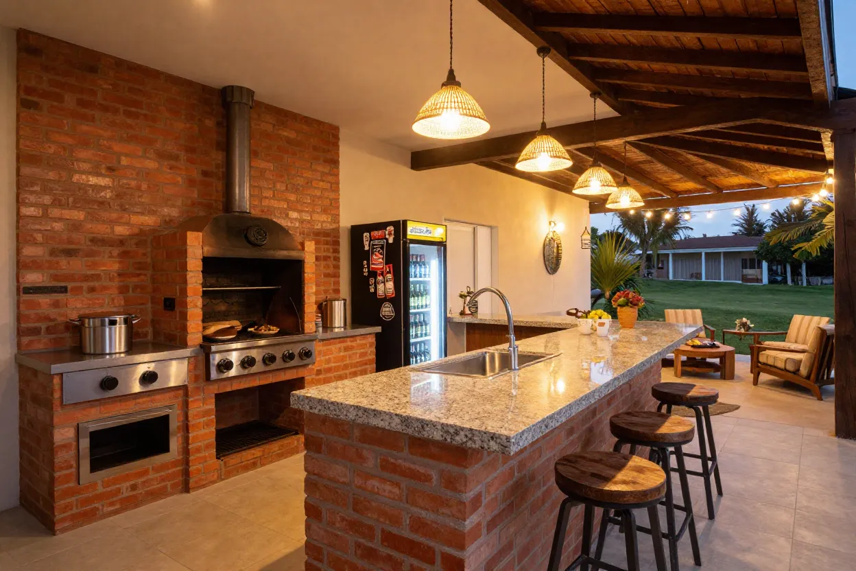 Espaço gourmet completo com churrasqueira, bancada equipada, geladeira e área de estar