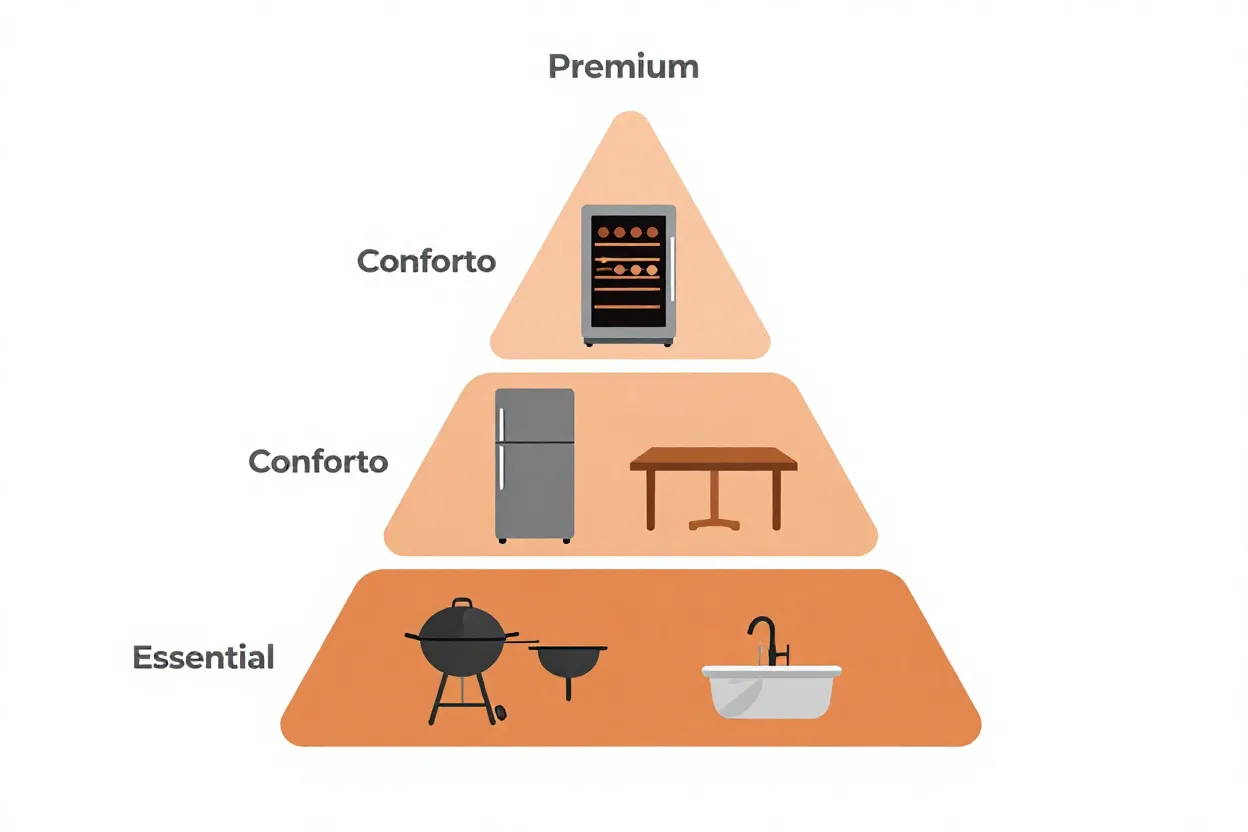 Diagrama de pirâmide mostrando priorização de equipamentos para espaço gourmet