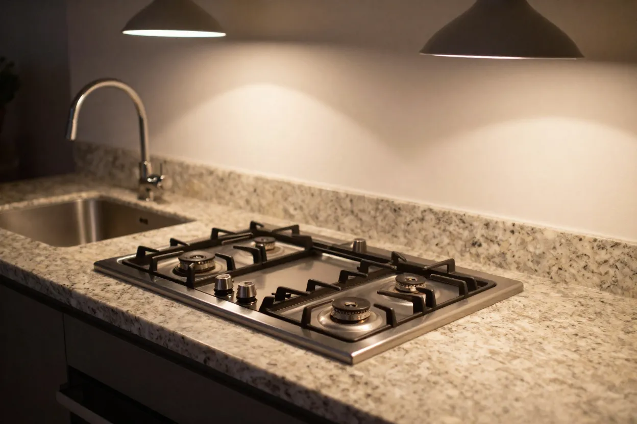 Bancada de espaço gourmet com cooktop auxiliar e iluminação pendente