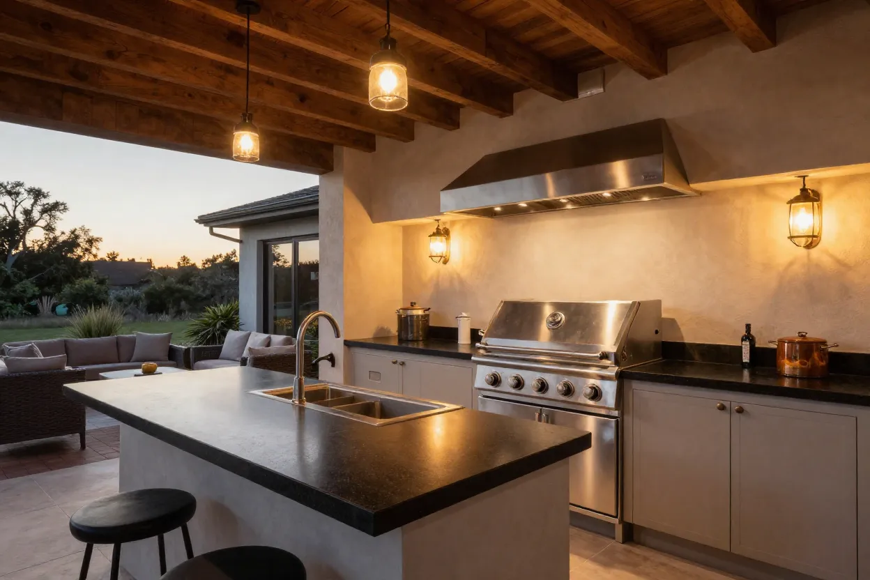 Espaço gourmet completo com churrasqueira de inox, bancada de granito e iluminação ambiente