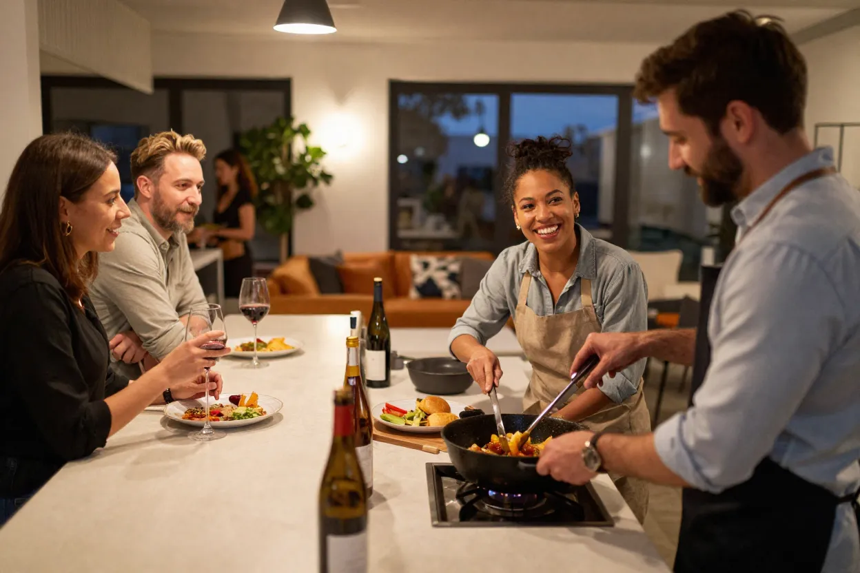 Pessoas reunidas em espaço gourmet durante churrasco com ambiente de convivência integrado